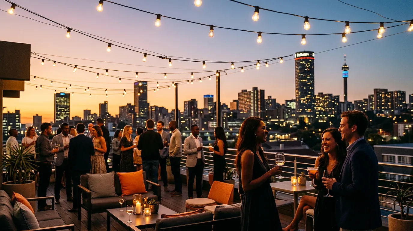 Rooftop birthday party at dusk with string lights and the Johannesburg skyline behind