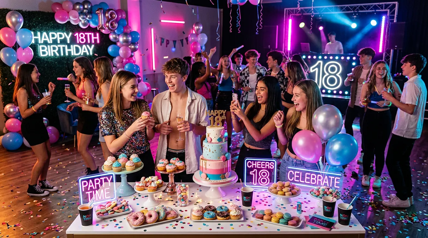 Dessert table and neon lighting at a modern 18th birthday party