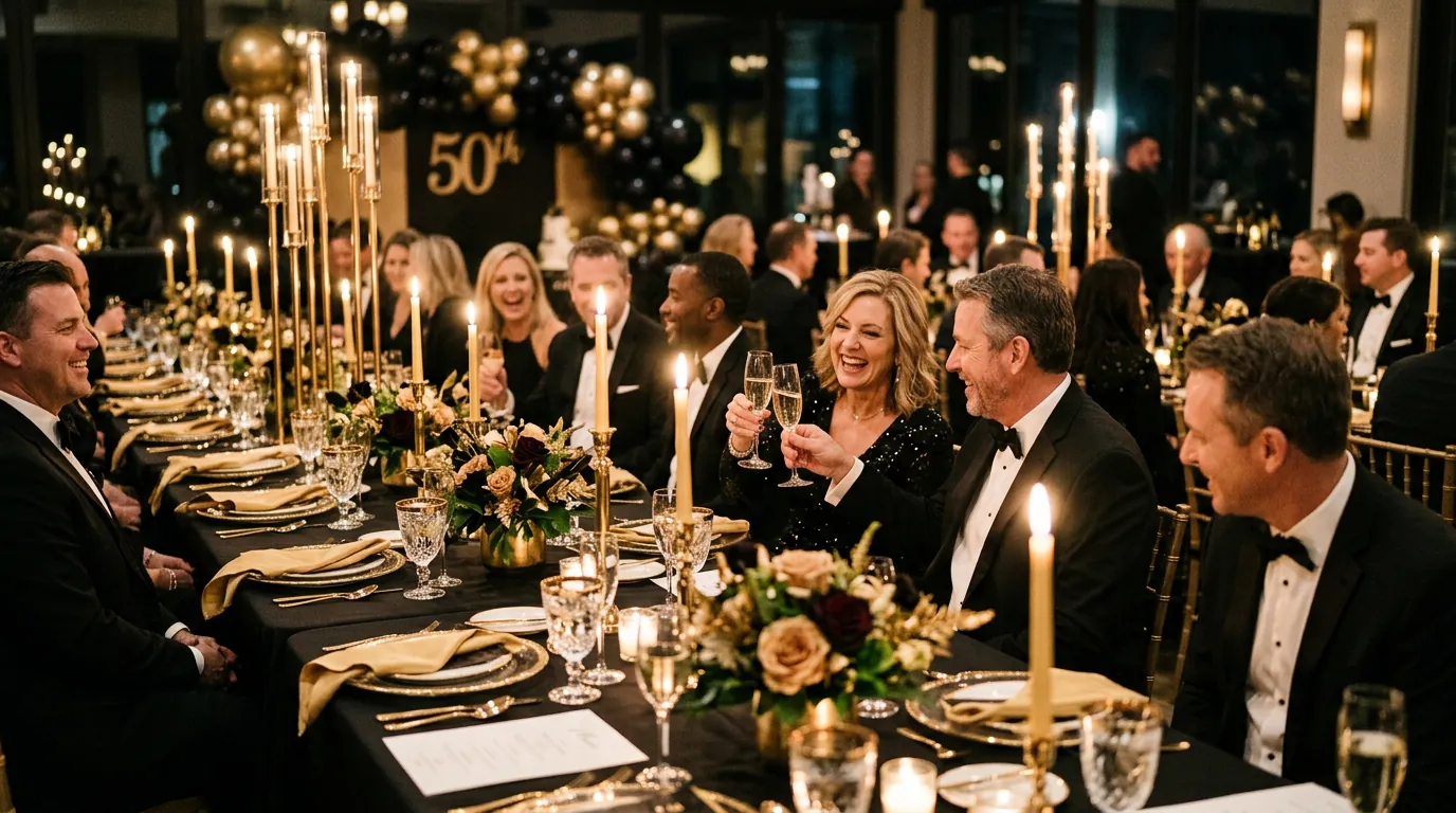 Long candlelit dinner table styled in black and gold for a 50th birthday celebration