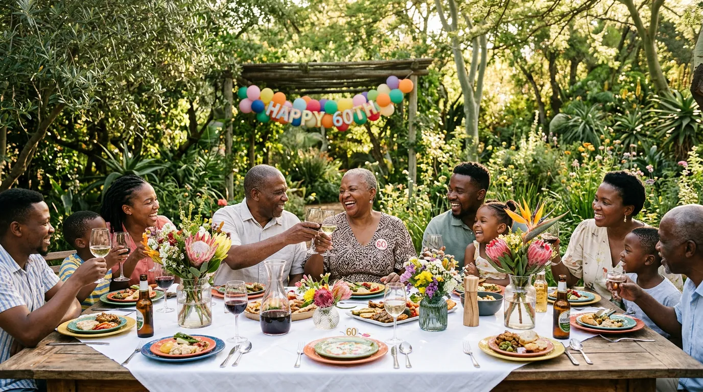 Family of all ages seated at a long table for a 60th birthday garden lunch