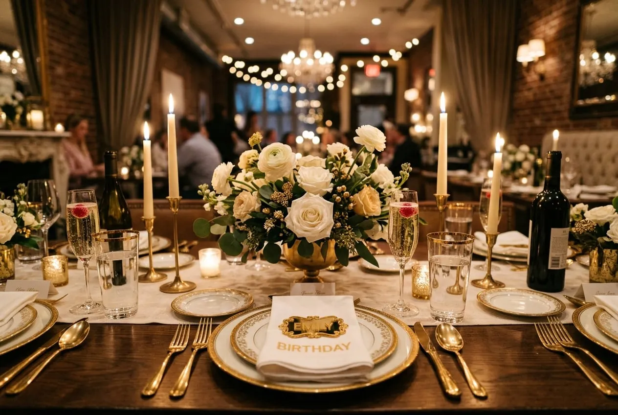 Beautifully styled birthday party table setting with florals and candles
