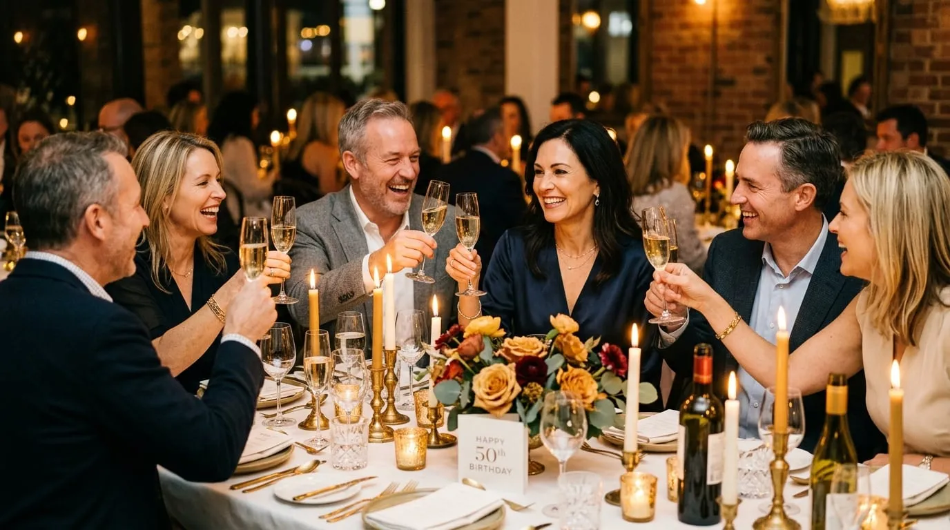 Sophisticated adults raising champagne glasses in a toast at an elegant candlelit 50th birthday dinner