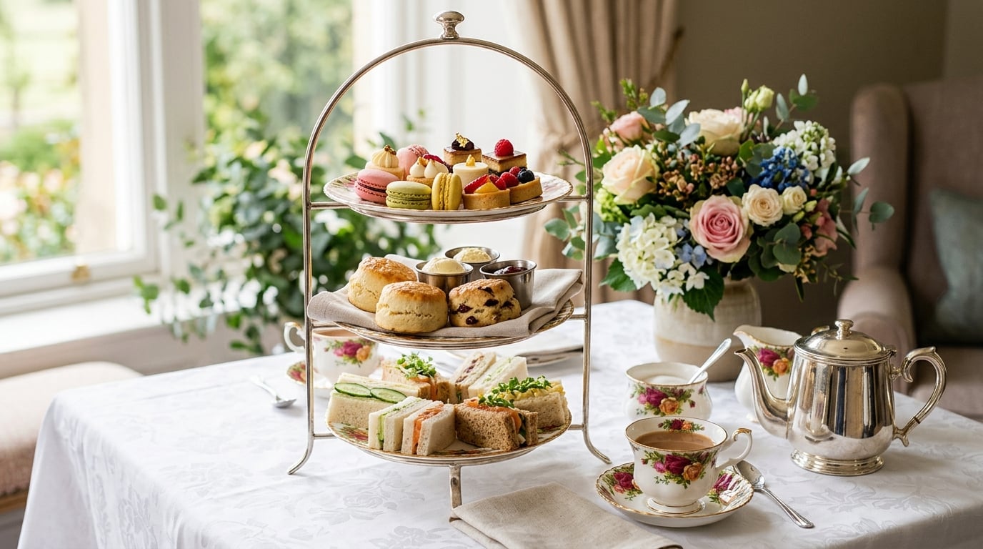 An elegant high tea spread with tiered stands of scones, macarons and finger sandwiches beside fresh flowers