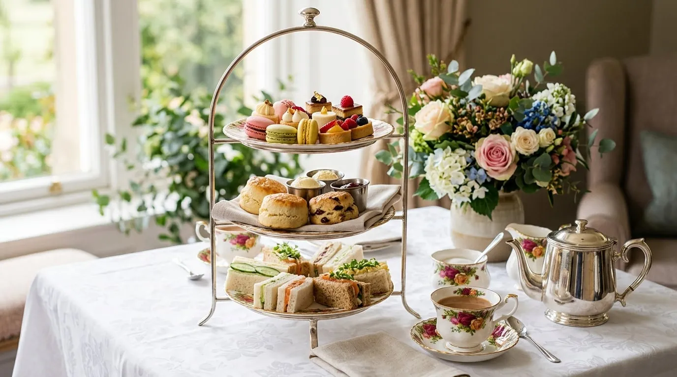 An elegant high tea spread with tiered stands of scones, macarons and finger sandwiches beside fresh flowers