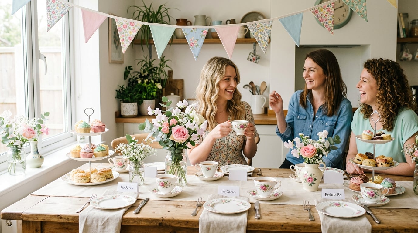 A charming budget-friendly kitchen tea table with pastel styling, jars of fresh flowers, bunting and vintage tea cups