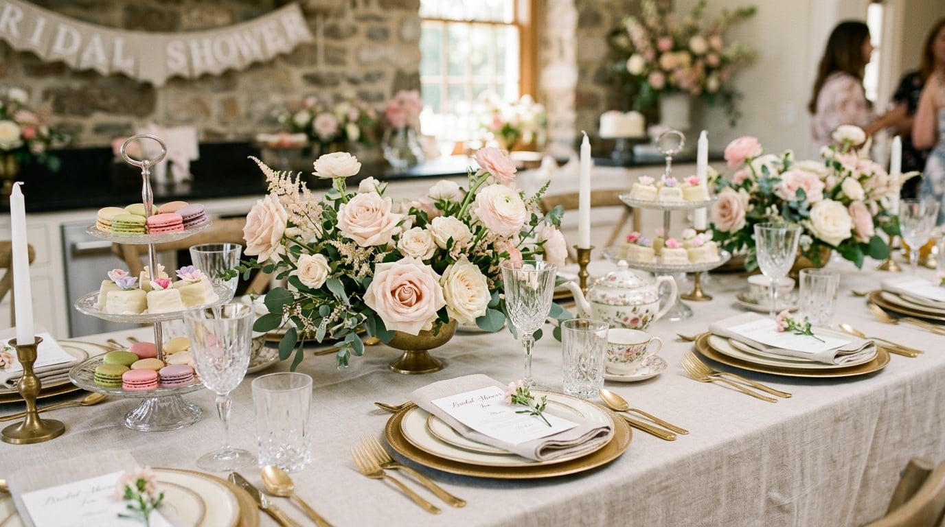 Elegant kitchen tea table set with pastel roses, gold-rimmed china and tiered stands of macarons