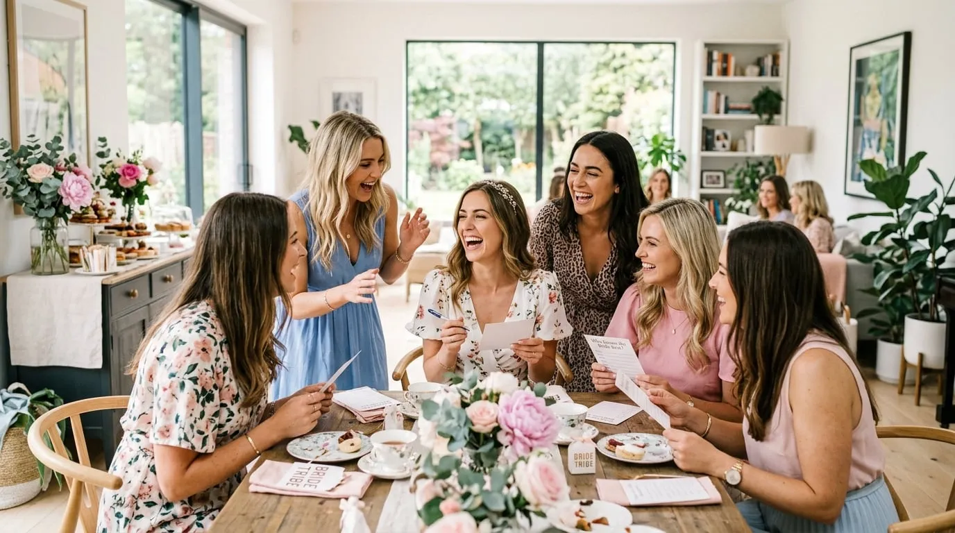 A group of women laughing together while playing a game at a bright, floral kitchen tea