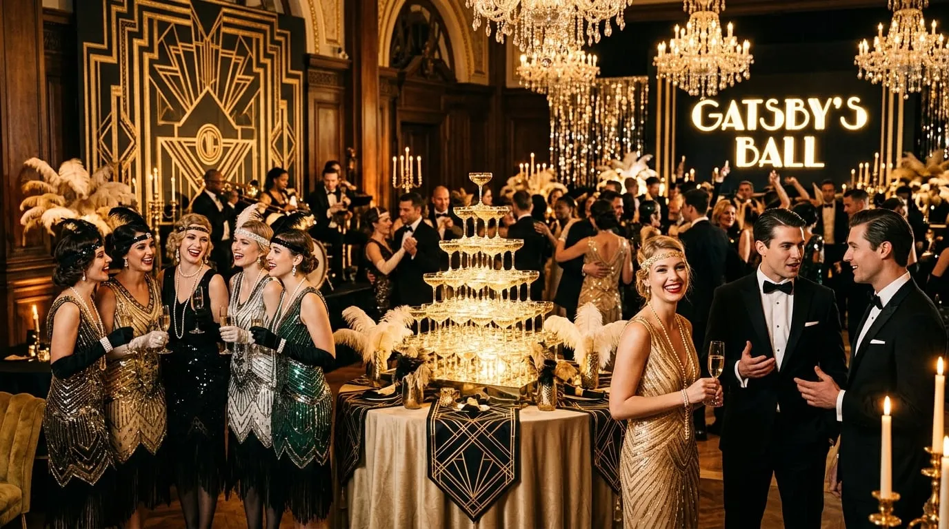 Guests in 1920s attire celebrating at a glamorous Great Gatsby Art Deco themed party with a champagne tower