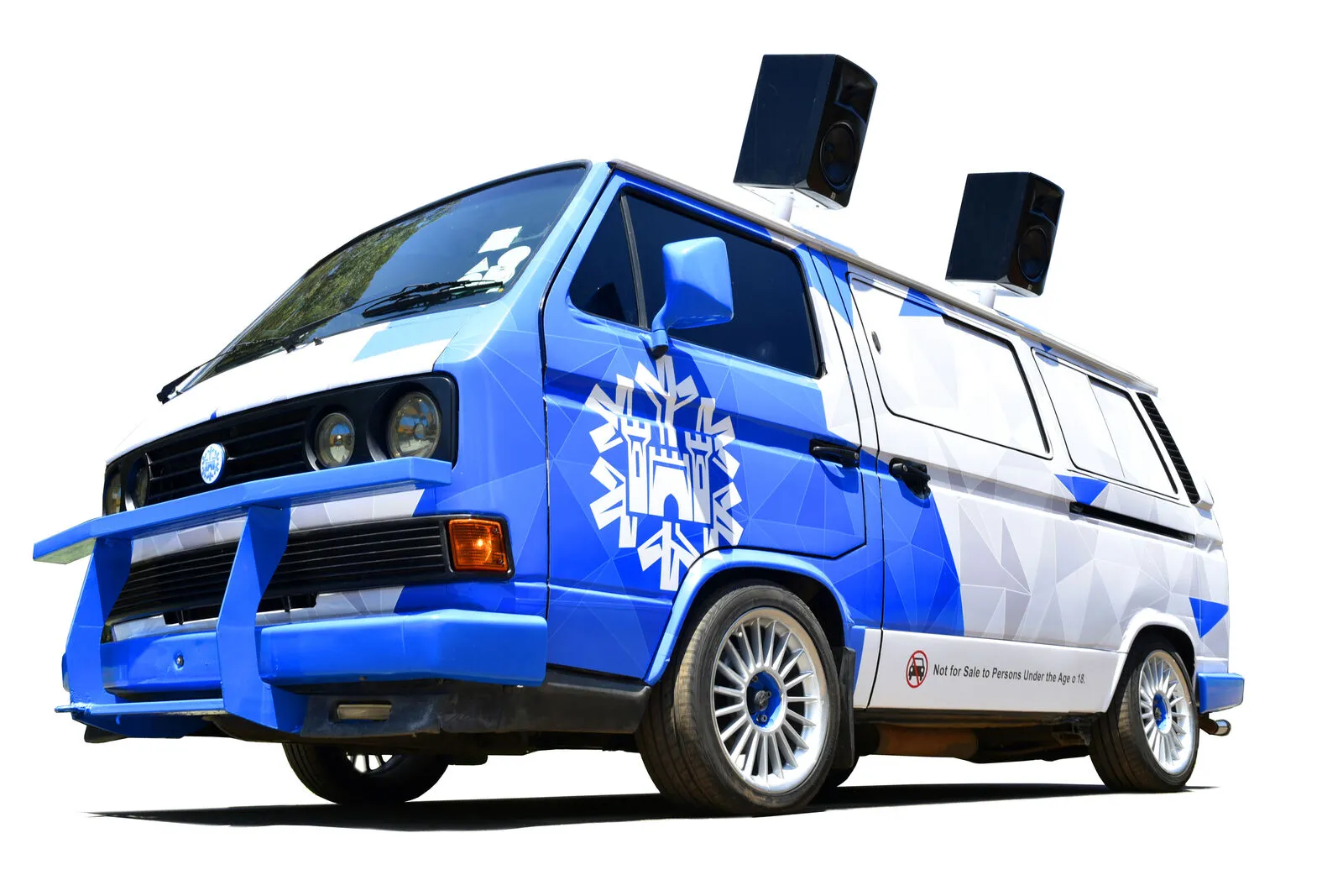 Custom Castle Lite branded sound van with speakers built by B&W Productions