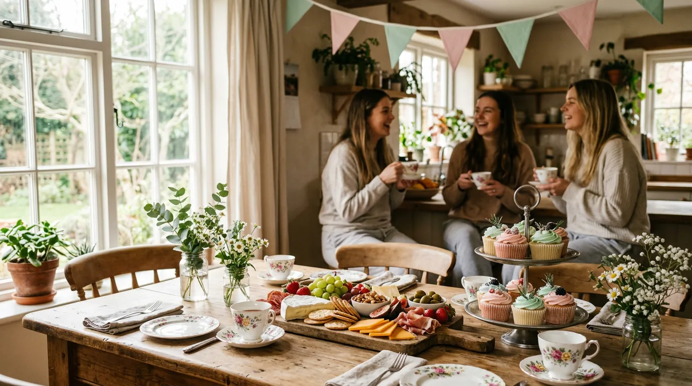 Home kitchen tea table with a homemade grazing platter, cupcakes and pastel bunting