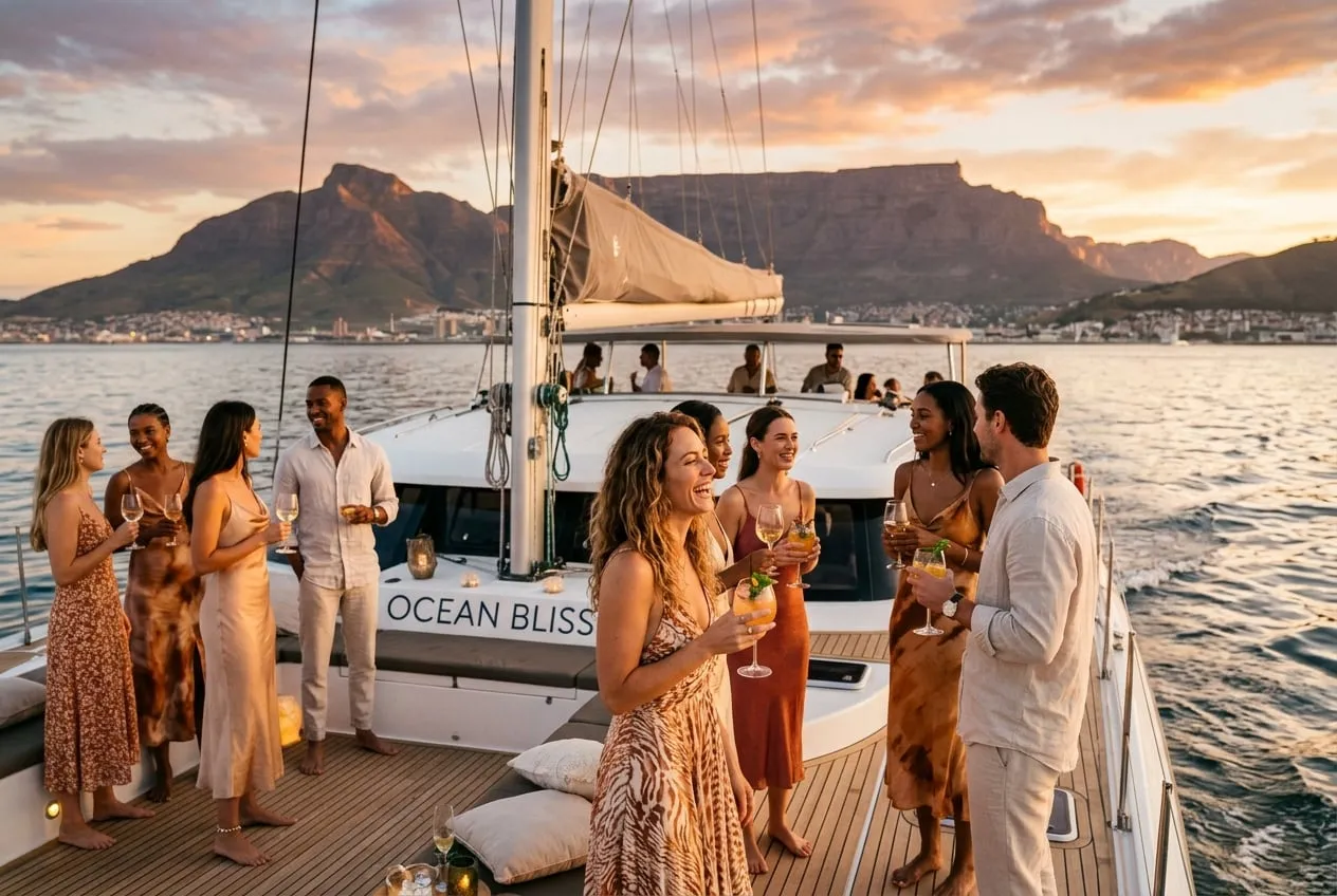 Stylish guests with cocktails on a sunset catamaran cruise near Cape Town with Table Mountain behind