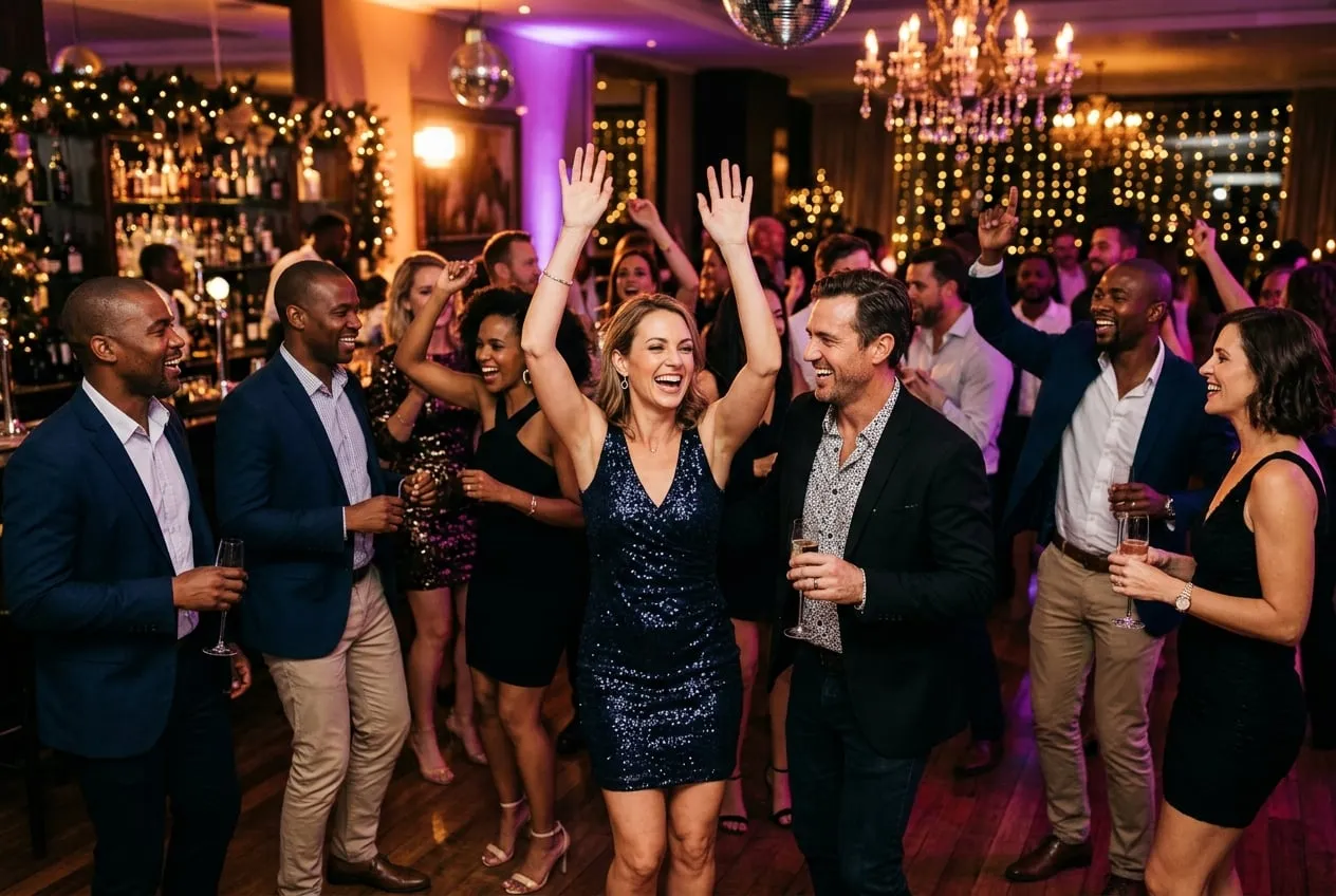 Well-dressed guests dancing and laughing on the dance floor at a lively 40th birthday party