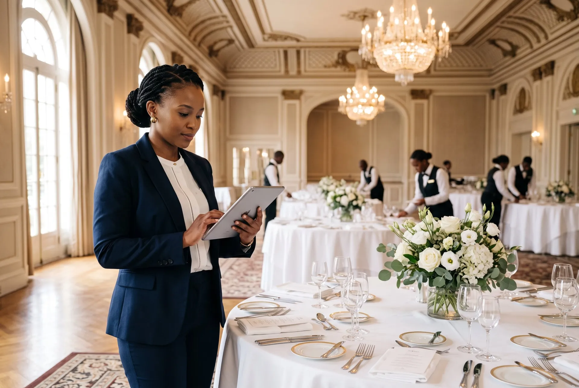 An event coordinator with a tablet reviewing an elegantly set banquet table in a ballroom
