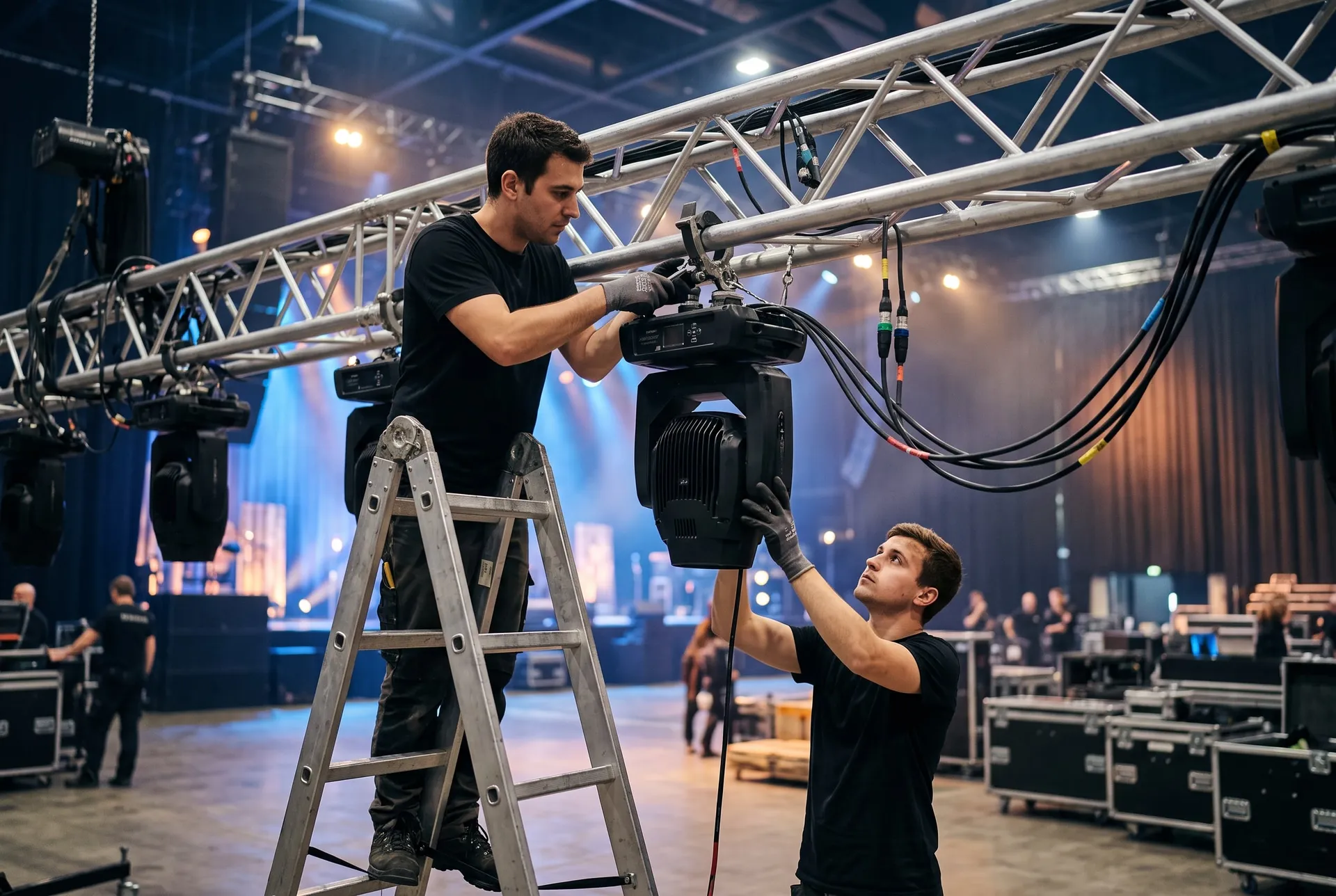 Two technicians rigging a moving-head light onto an overhead truss at an event venue