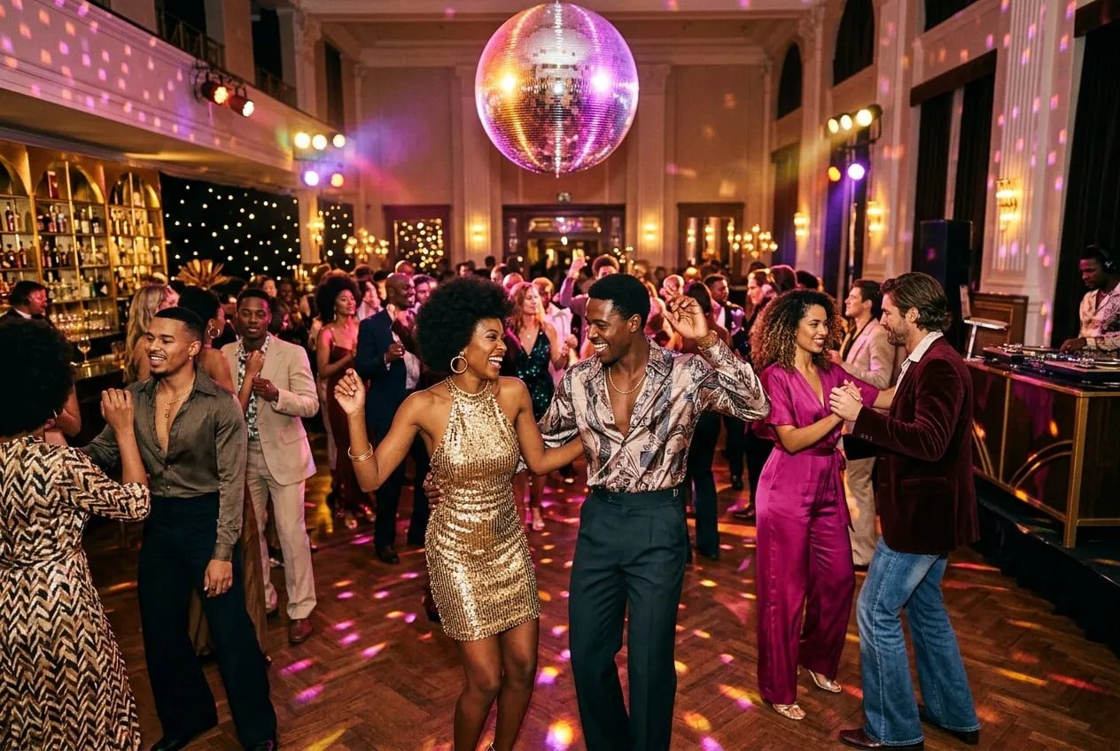 Guests dancing under a disco ball at a glamorous retro disco themed party
