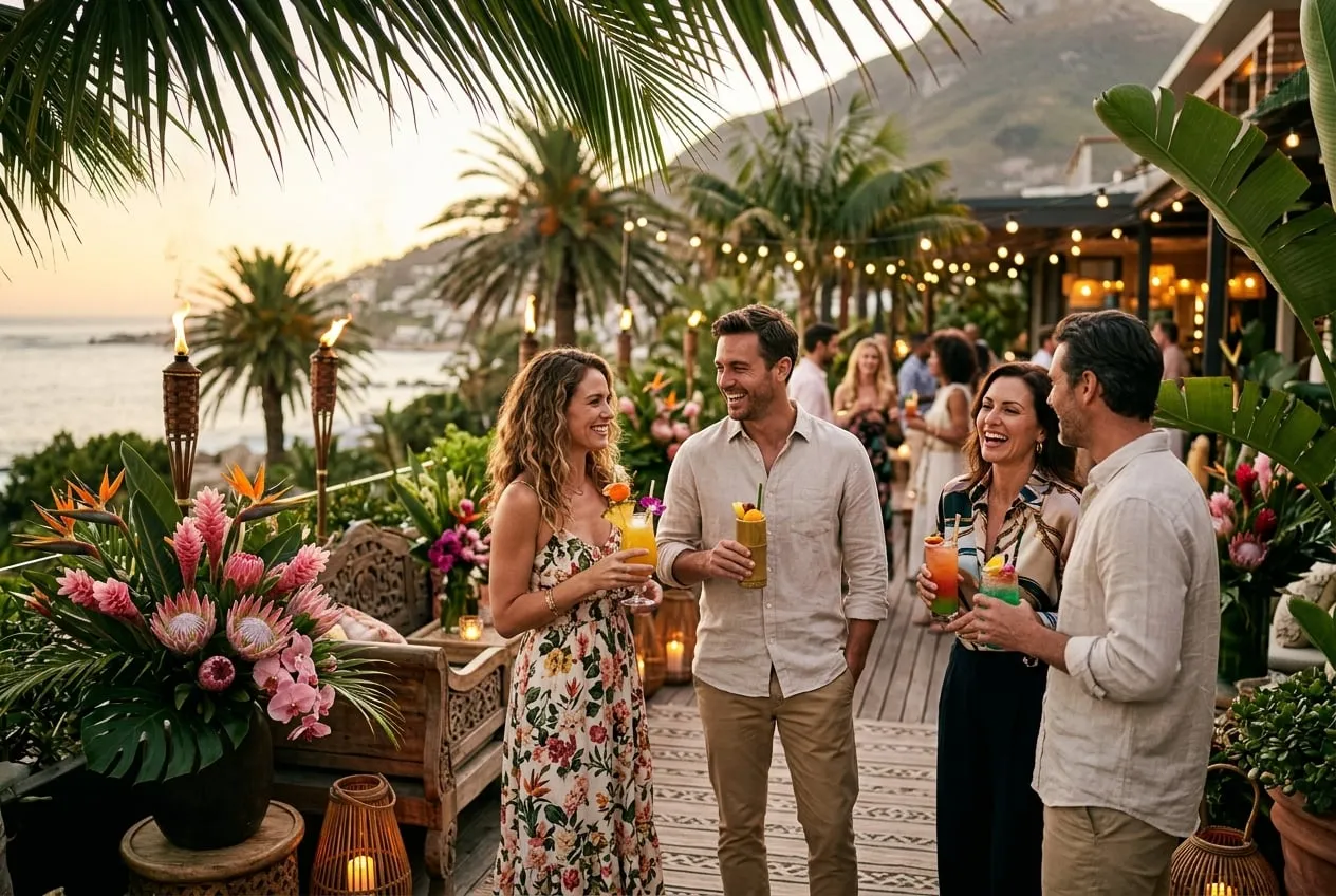 Elegant guests with colourful cocktails at a tropical luau themed party with proteas and tiki torches