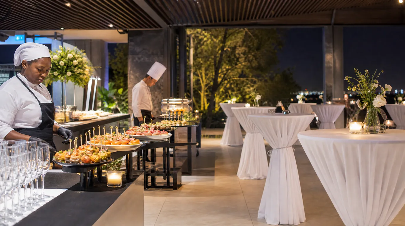 Elegant cocktail reception setup with professional catering staff at a South African corporate event