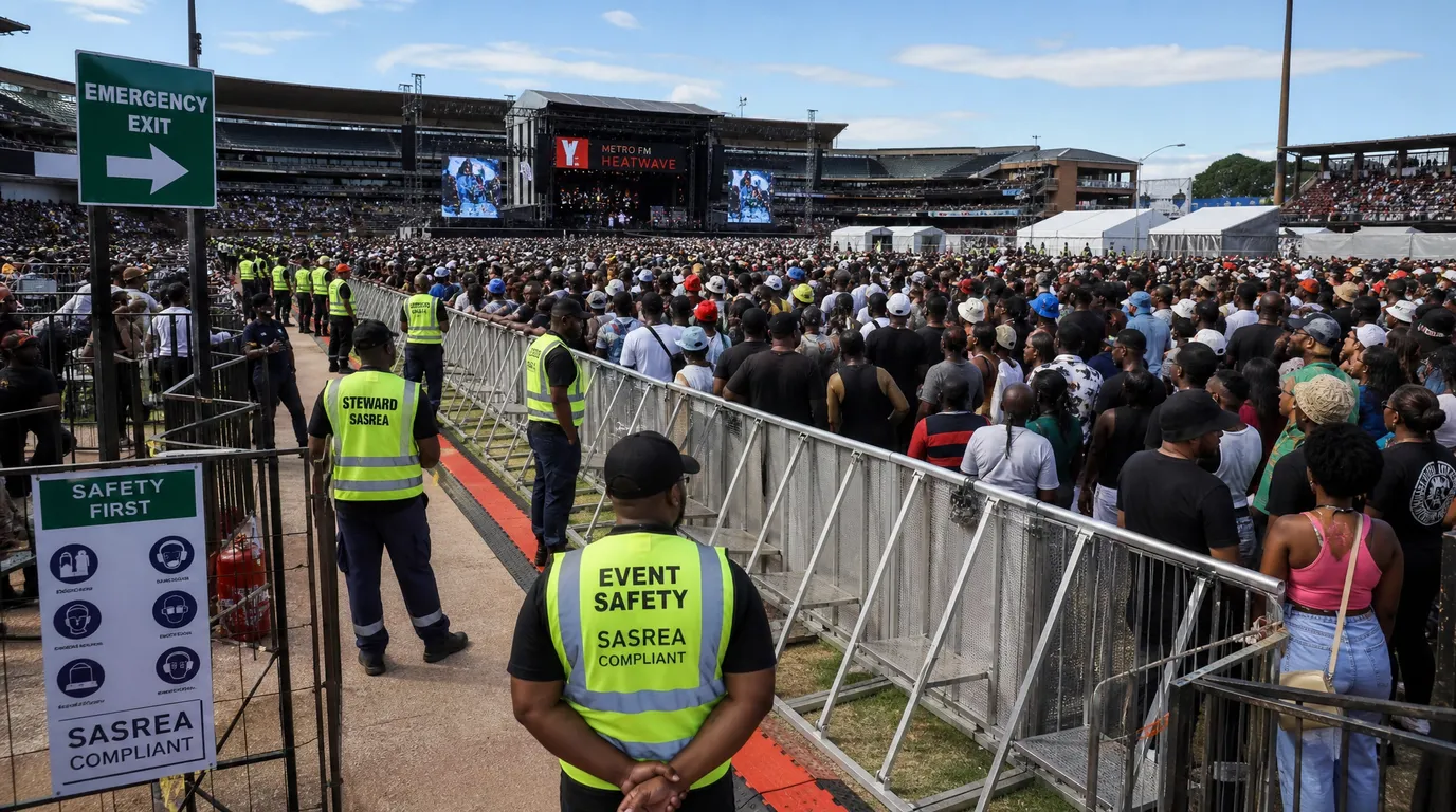 Large outdoor event in South Africa with crowd management barriers, marshals in high-visibility vests and professional safety operations