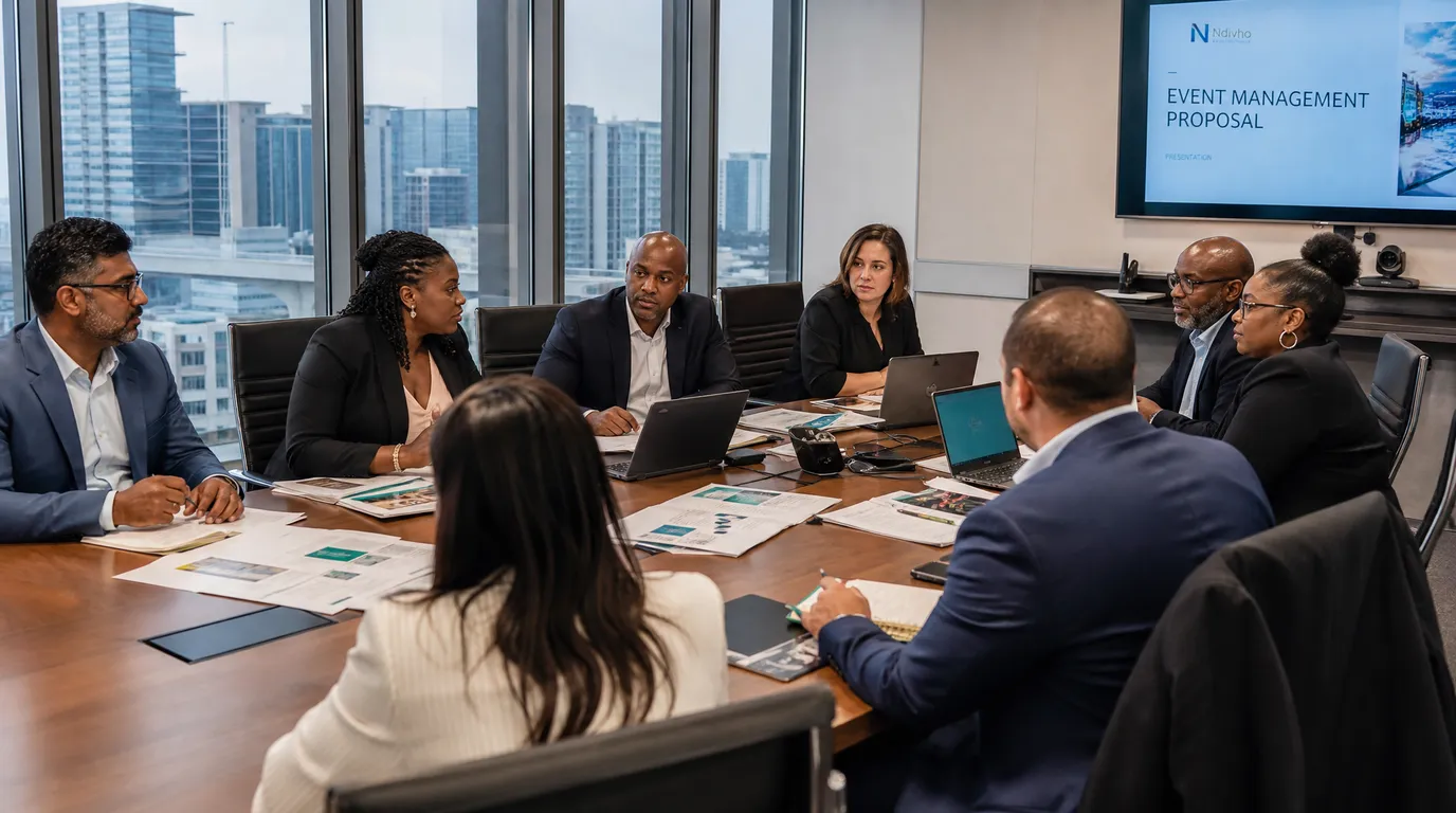 Corporate procurement team reviewing event management proposals in a Johannesburg boardroom