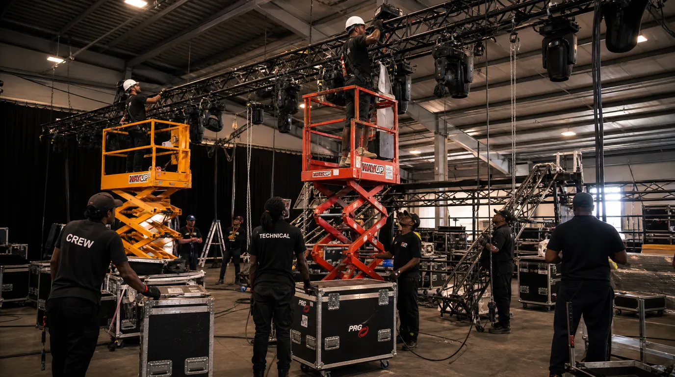 Event production crew rigging lighting and truss equipment during a venue load-in