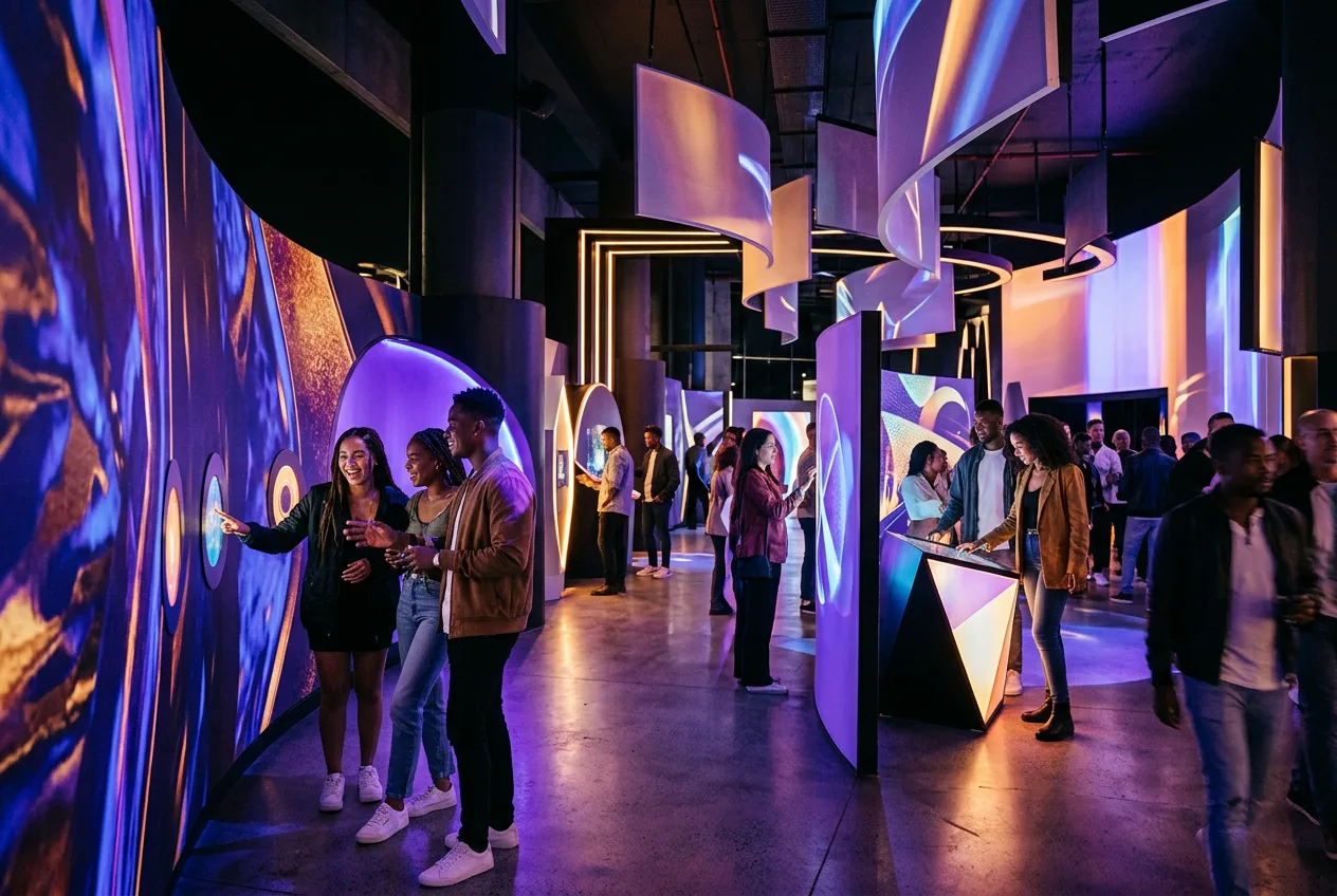 Immersive brand activation installation indoors in South Africa with interactive displays and visitors engaging under coloured lighting