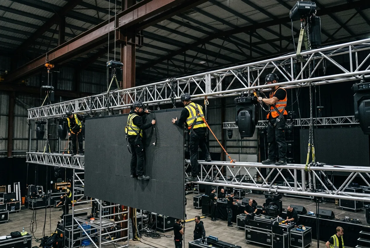 Technical AV crew rigging a large LED wall and lighting fixtures on truss at a South African event
