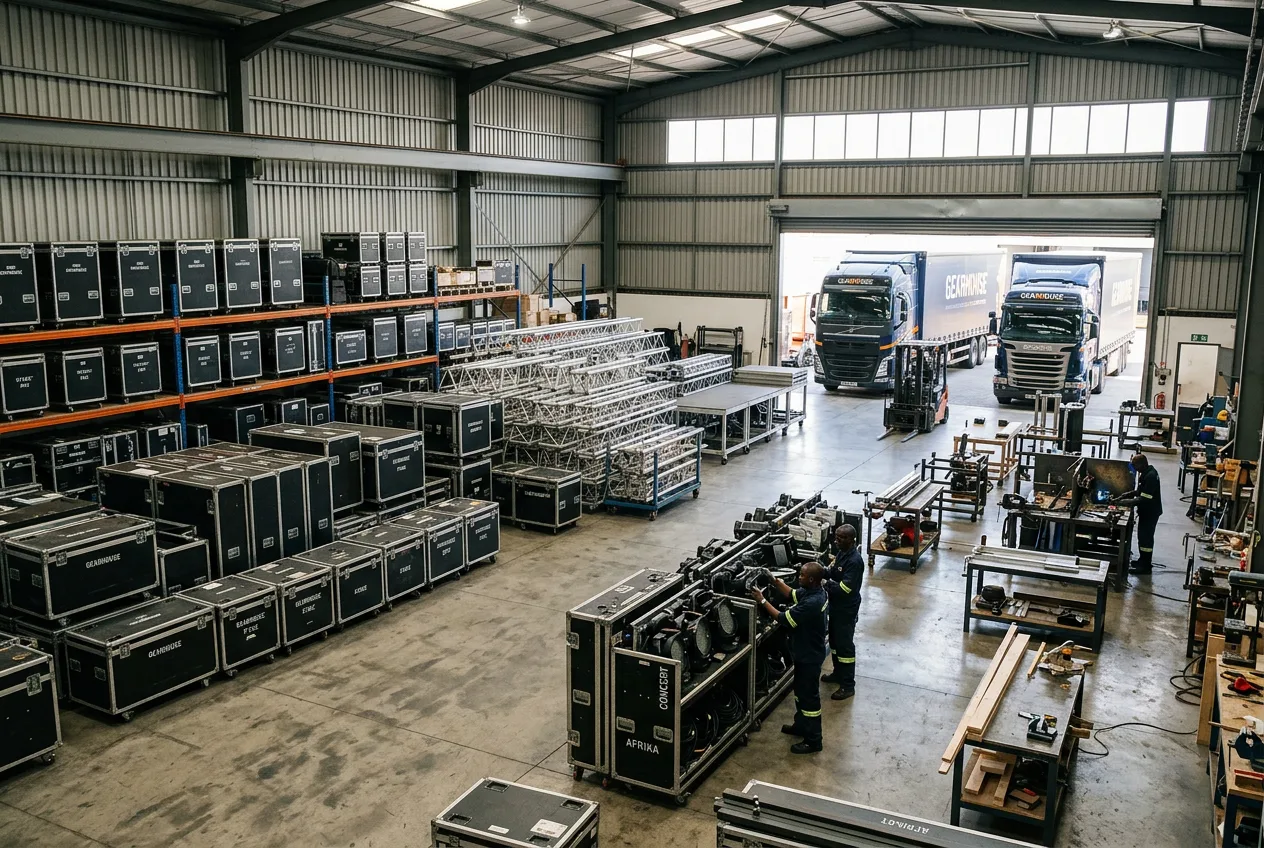 Interior of a full-service event production warehouse in South Africa with flight cases, staging, scenic materials and event trucks