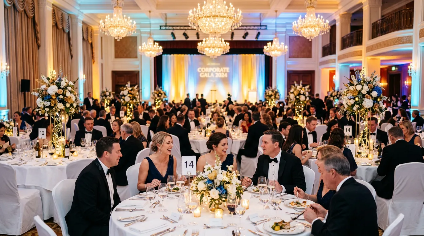 Corporate year-end gala dinner with round tables, stage and festive uplighting