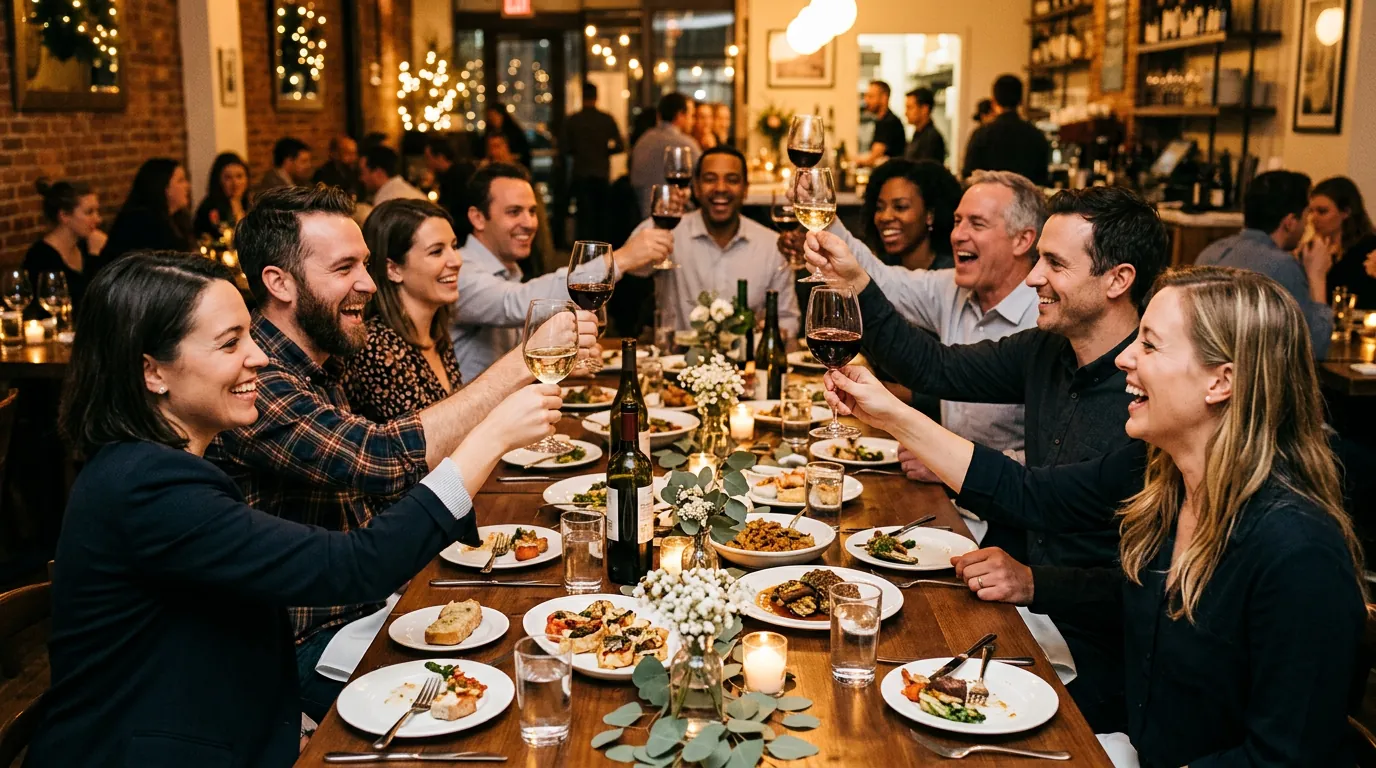 Small team of colleagues raising a toast around a restaurant table at a year-end dinner
