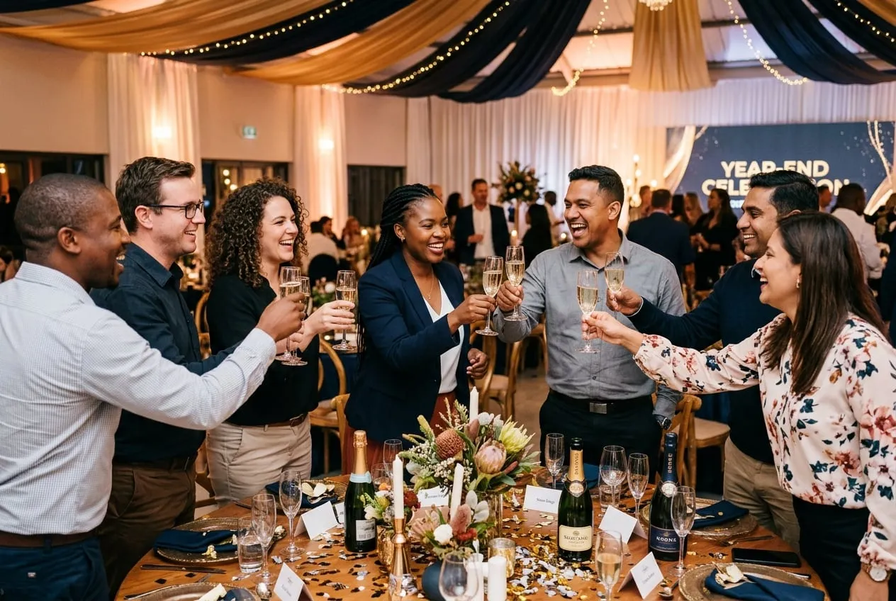 Colleagues raising a toast at a year-end office celebration