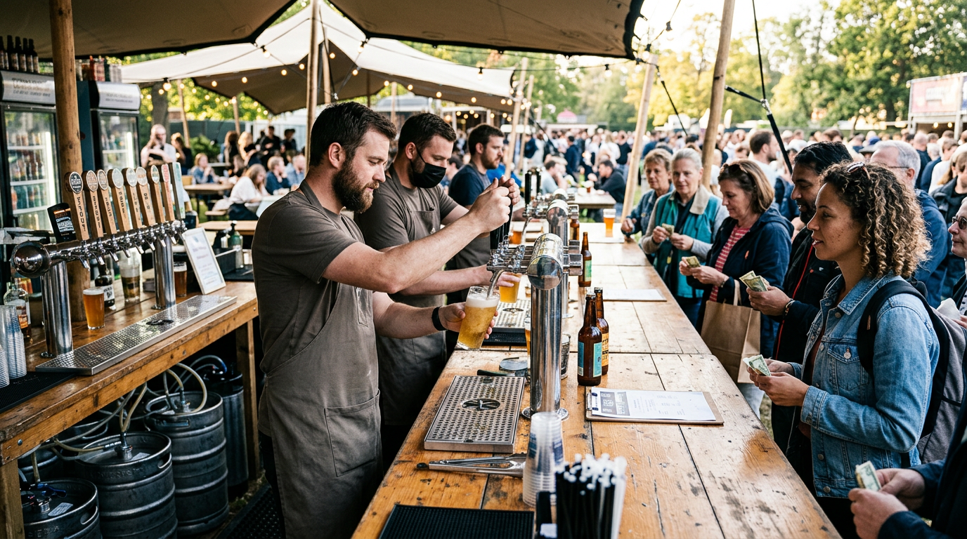 A busy outdoor event bar with staff pouring cold draught beers along a long bar frontage