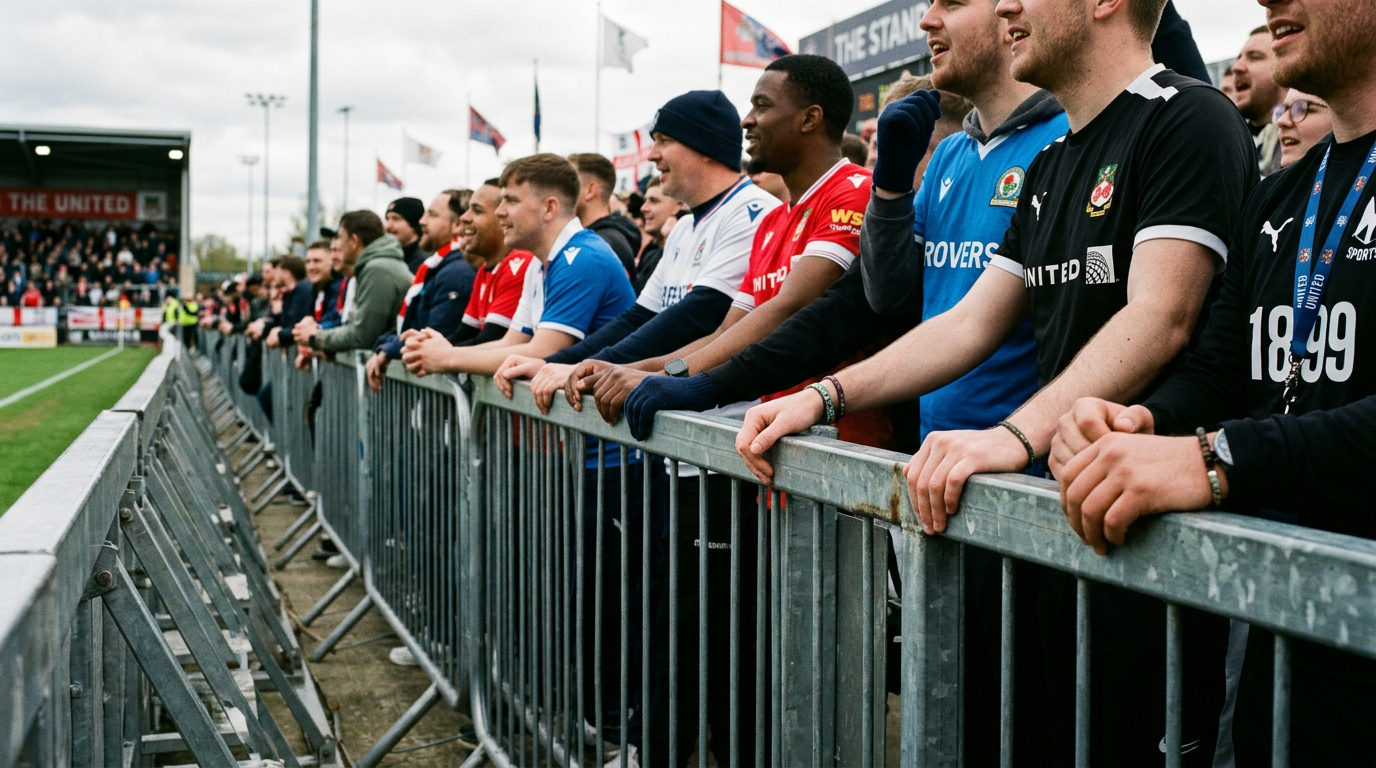 Metal crowd-control barriers and perimeter fencing at an outdoor event with supporters behind the rail