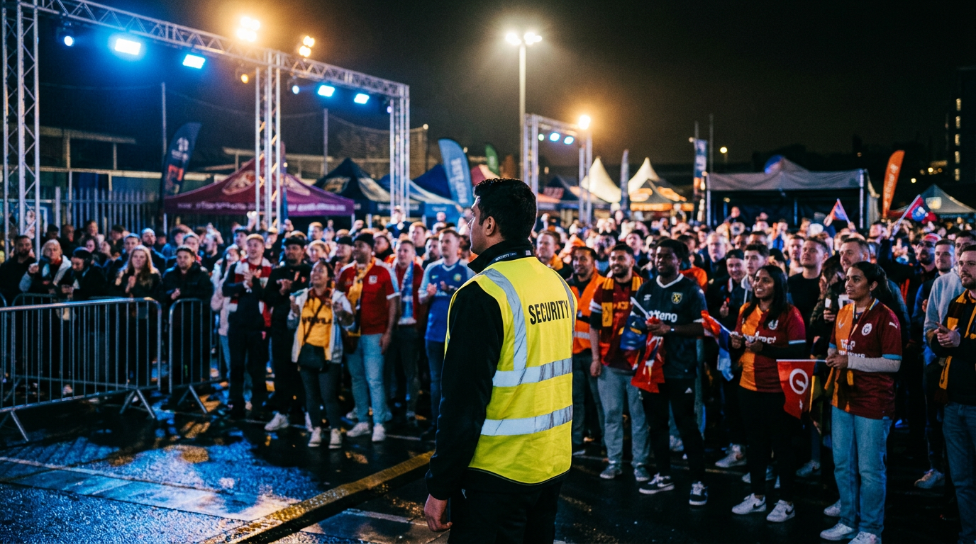 An outdoor event at night with dramatic lighting and a steward in a hi-vis vest overseeing the crowd