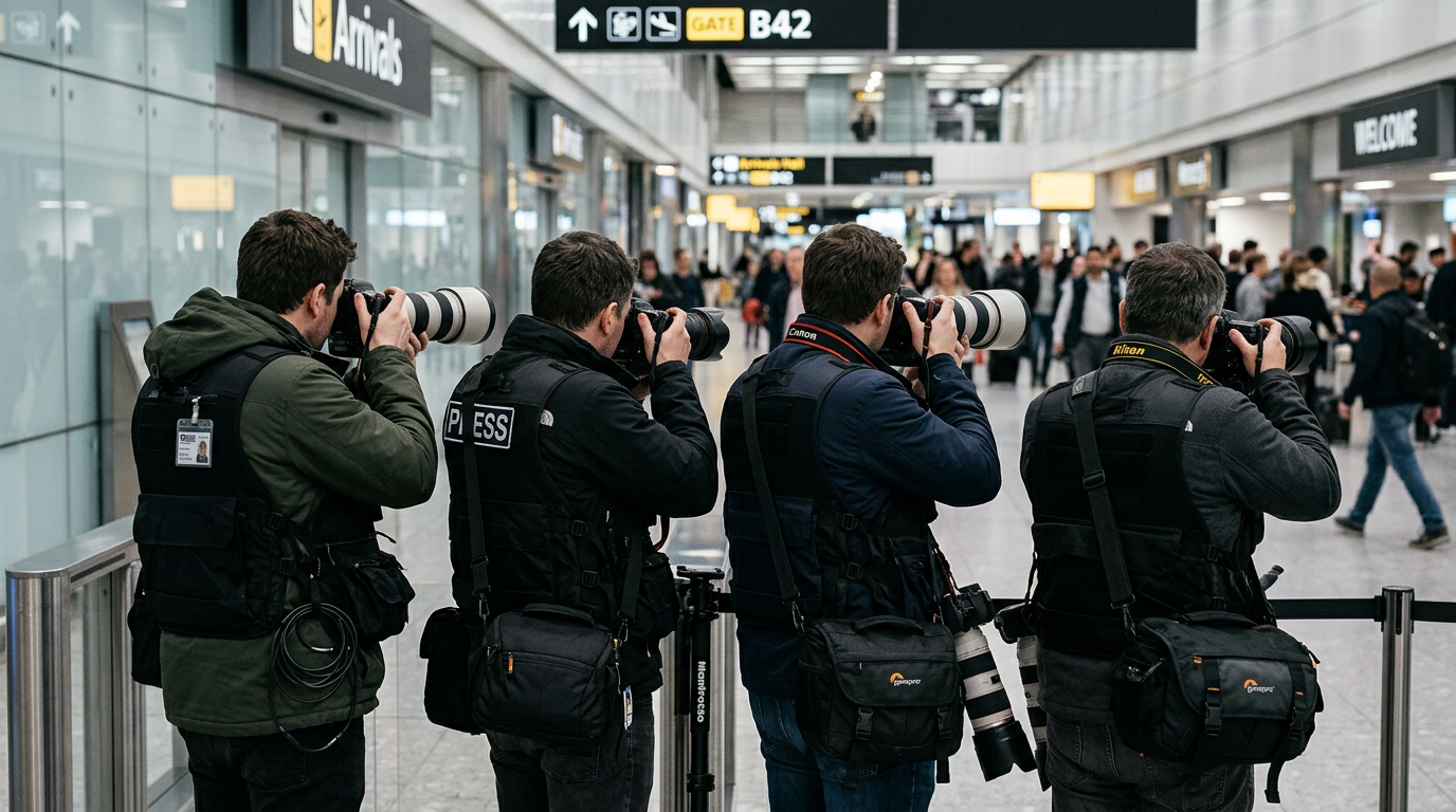 Press photographers with long-lens cameras at an airport arrivals area, shot from behind