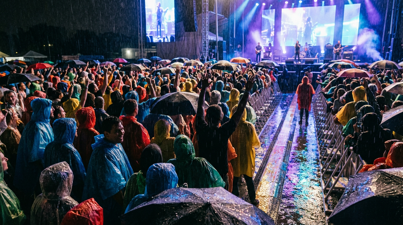 An outdoor concert crowd in the rain with ponchos and umbrellas, stage lights reflecting off the wet ground