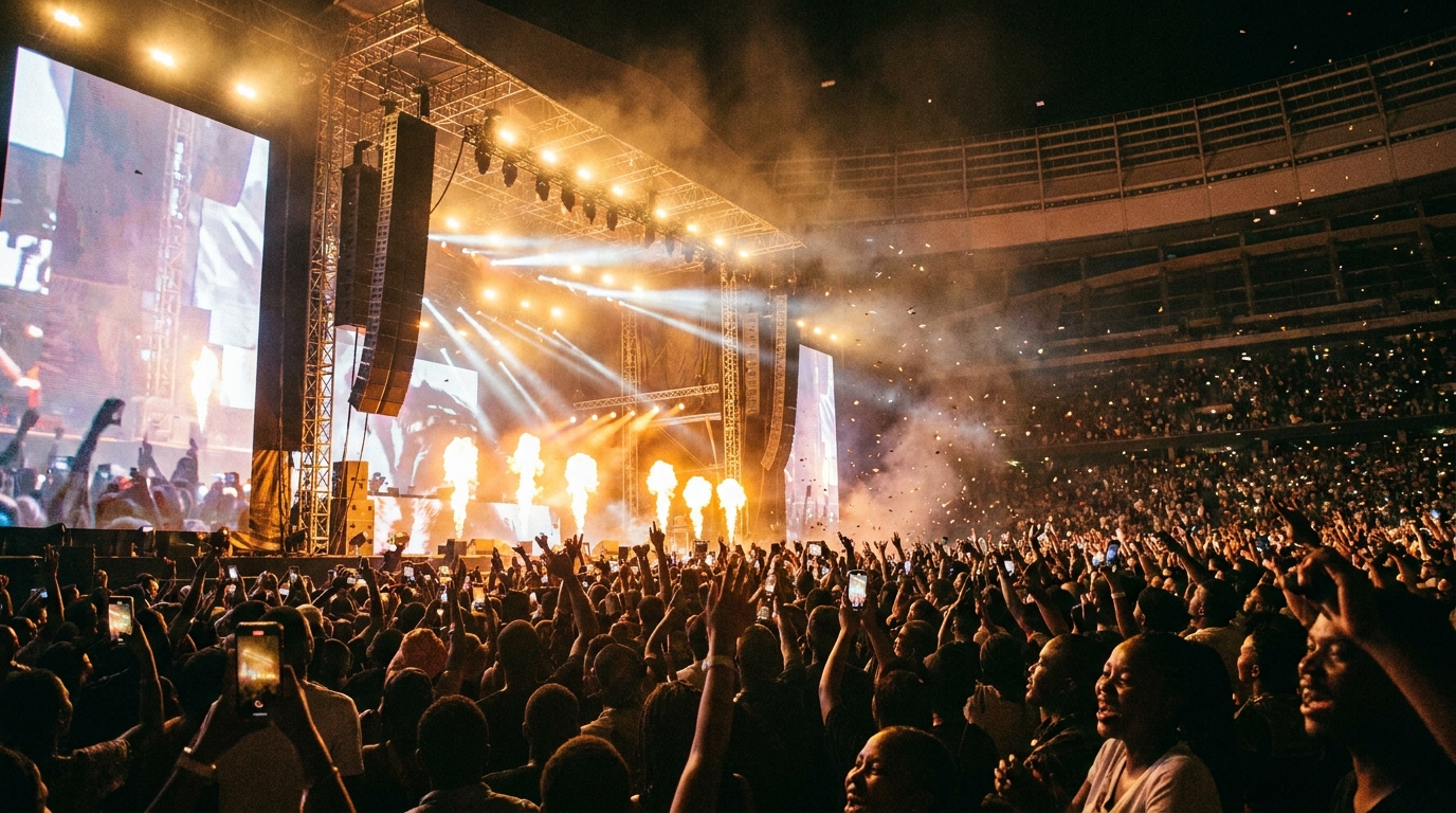 Stadium concert with pyrotechnics and a full crowd
