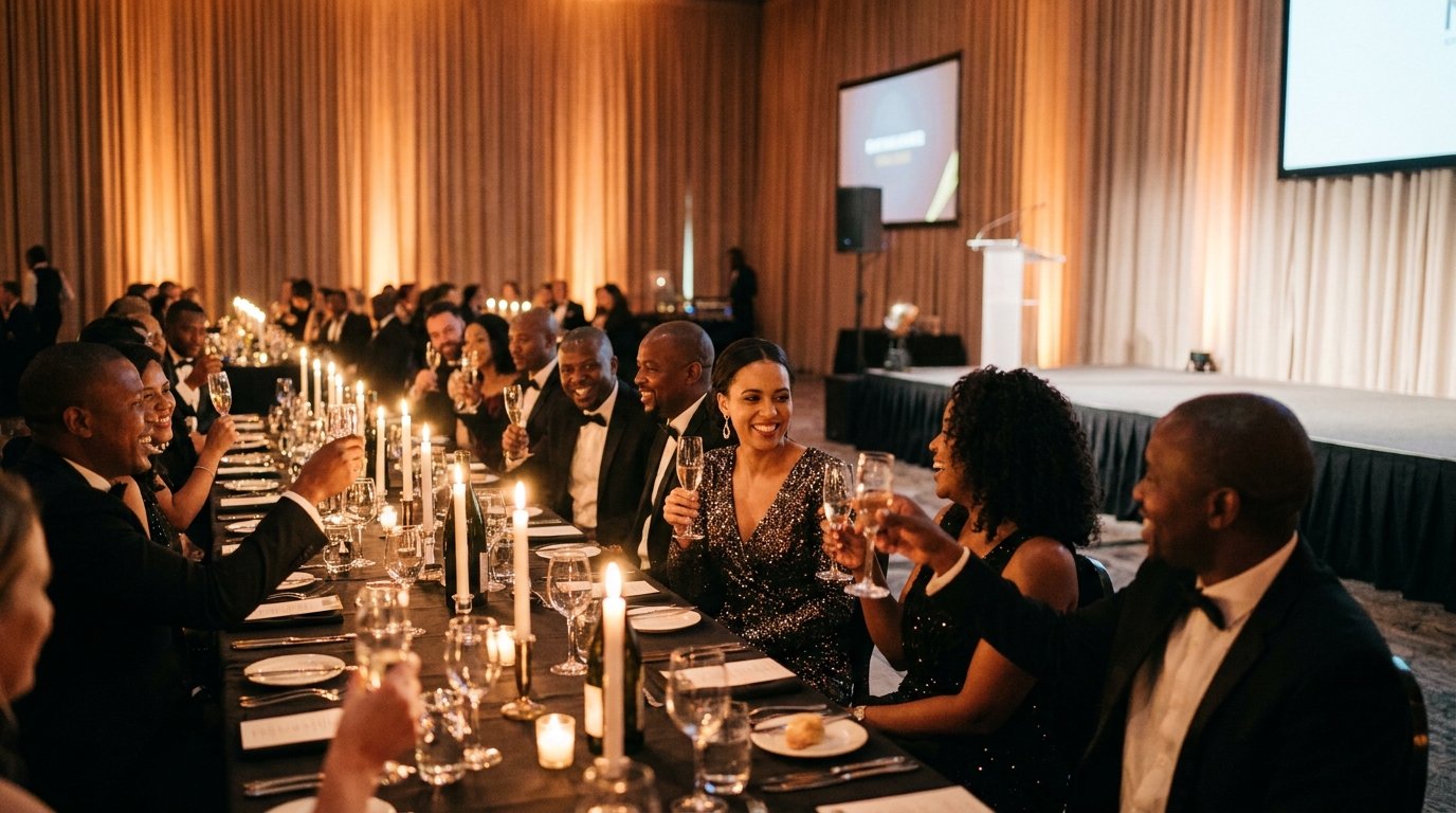 Black-tie gala dinner with candlelit banquet tables and a stage