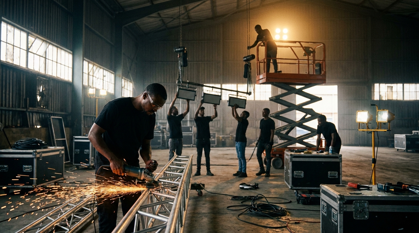 Production crew fabricating truss and staging in the B&W workshop