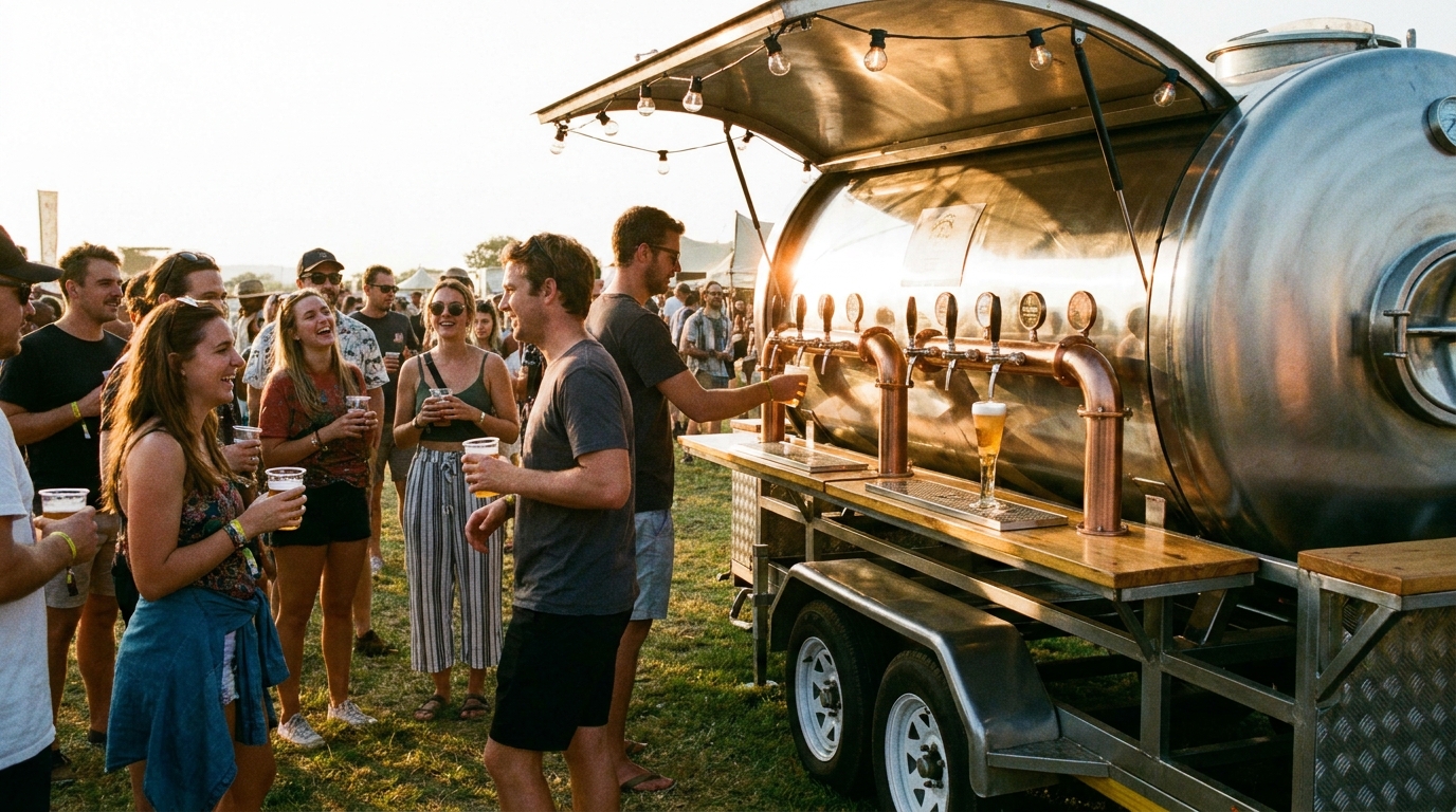 Custom-built beer tank trailer serving guests at an outdoor festival