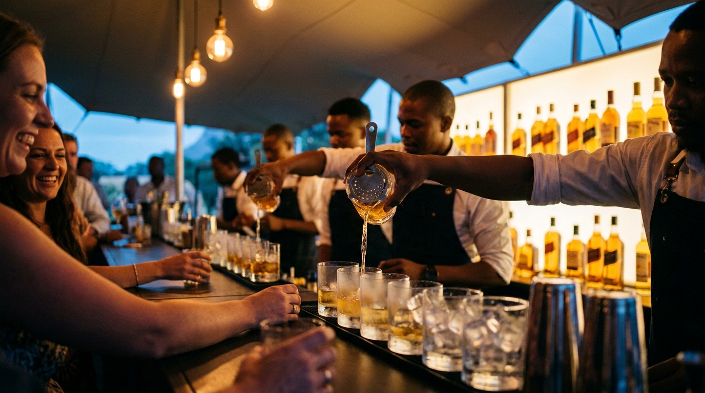 Bartenders pouring drinks at a styled event bar