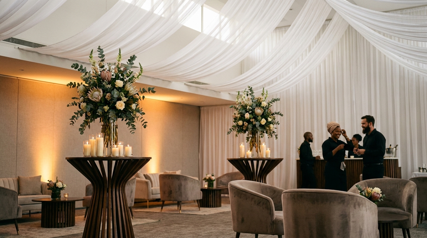 Elegant draped venue with floral arrangements and lounge furniture