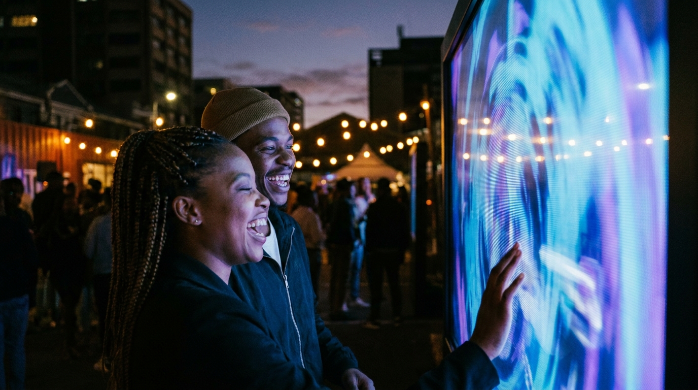 Guests interacting with a glowing digital touchscreen at a night event