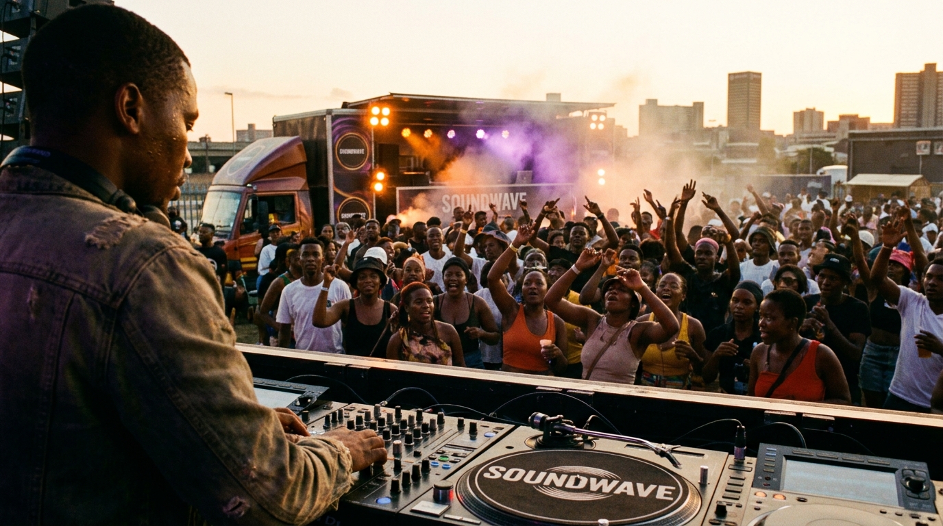 DJ performing to a crowd at an outdoor live music event