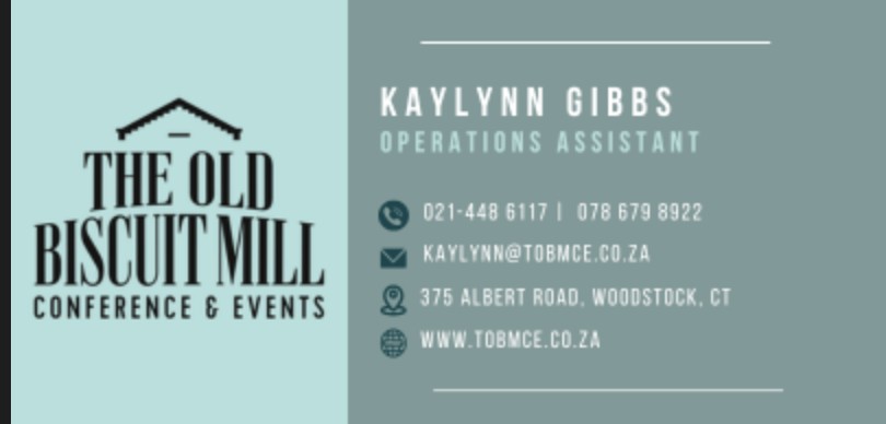 The Old Biscuit Mill Conference & Events contact card — Kaylynn Gibbs, Operations Assistant, 375 Albert Road, Woodstock, Cape Town