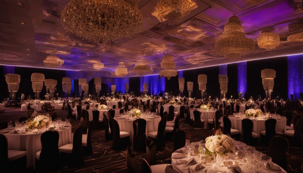 This venue offers a spacious ballroom adorned with elegant chandeliers and equipped with tables, making it an ideal space for event hiring.