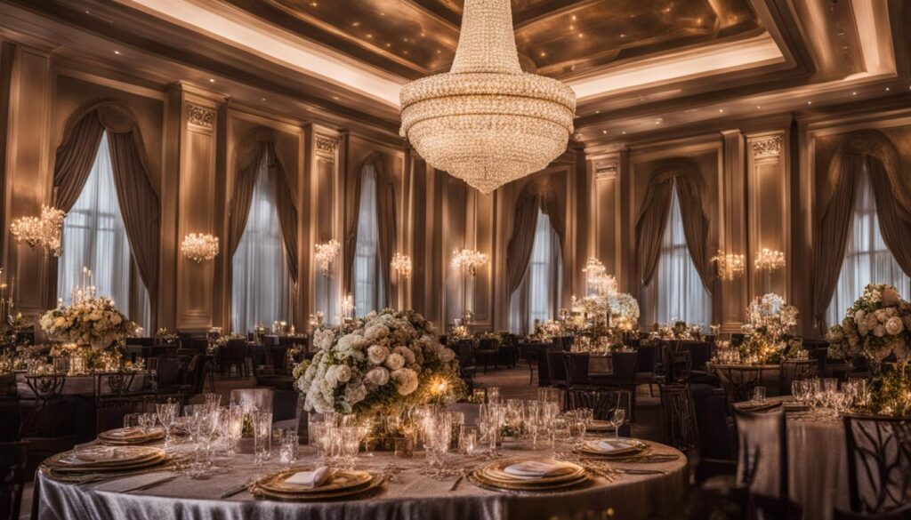 A grand function hire in a large ballroom with chandeliers for a wedding reception.
