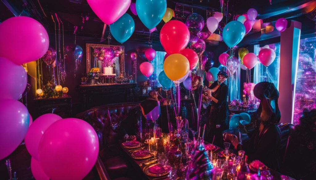 A group of people at a colorful party with balloons, celebrating a 40th birthday.