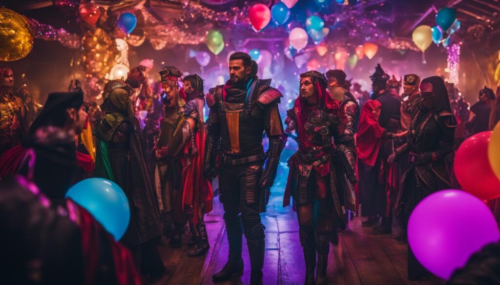 A group of people standing in a themed room with balloons, ready to dress up.