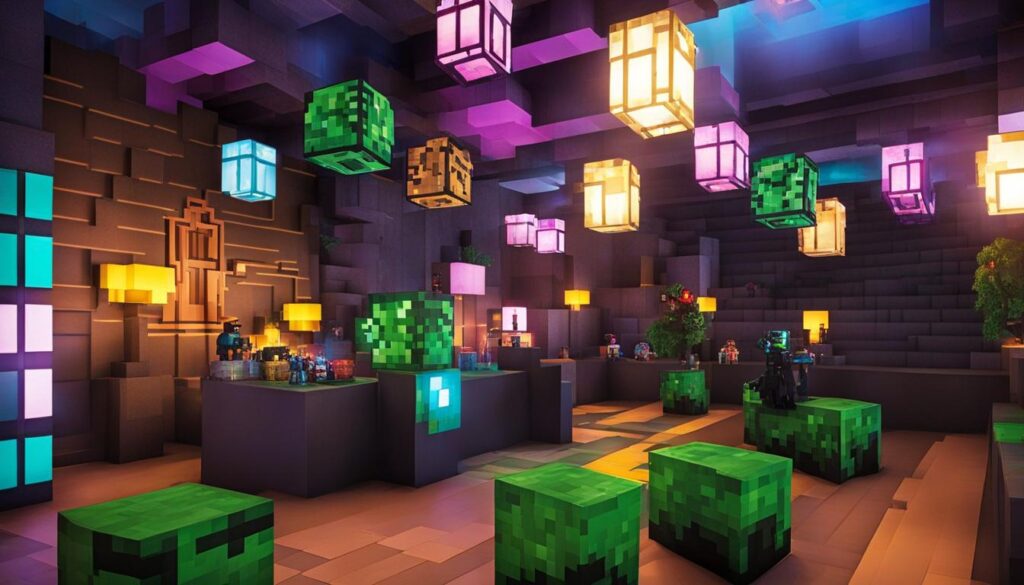 A vibrant minecraft-themed party room illuminated with numerous lights.