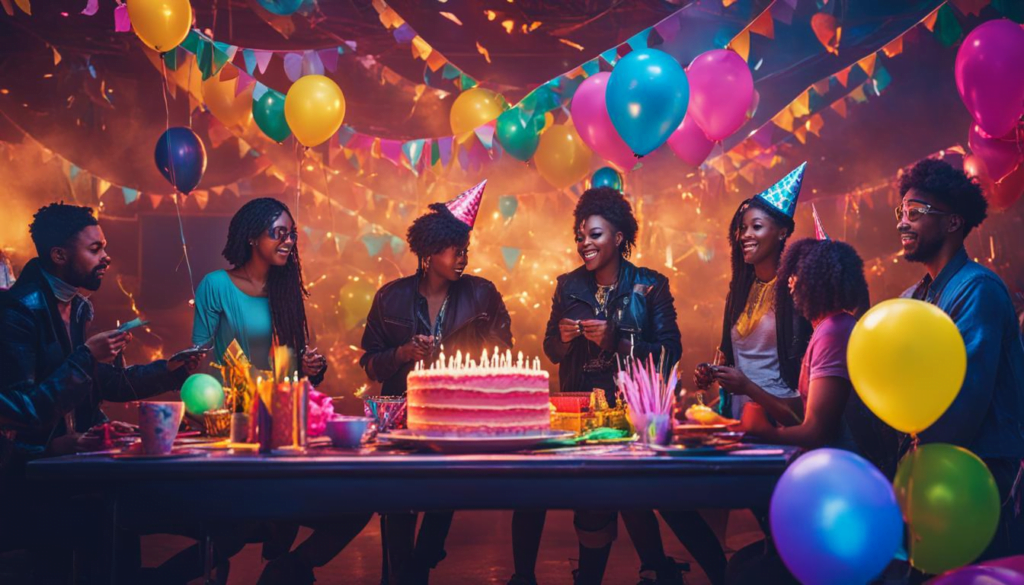 A group of friends celebrating a themed birthday party.
